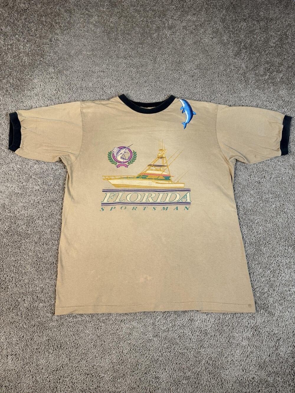 Vintage 90s Florida Sportsman Boat Shirt Mens L Beige Boat Fish Ringer Crew Neck